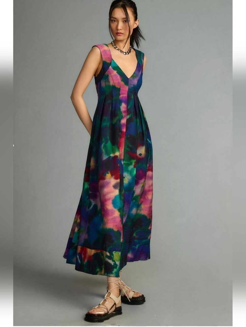 Anthropologie Printed V-Neck Pleated A-Line Dress Sz 2x